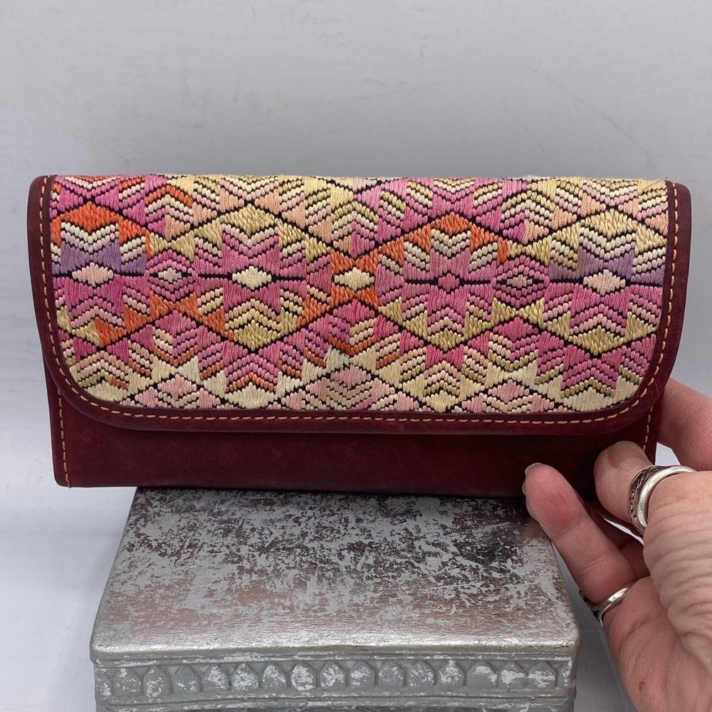 Vintage Burgundy Leather Tri Fold Wallet /Clutch With Embroidered Design On Flap